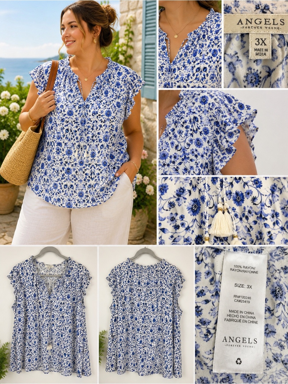 Angels Forever Young 3X Blue White Floral Rayon Ruffle‎ Peasant Blouse Plus Size